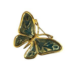 💖Gold-Tone Butterfly Brooch With Green Enamel Details Vintage Design Tex back